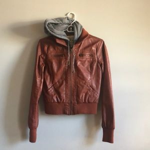 Brown faux leather jacket lined w/ sweatshirt